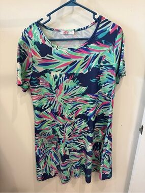 Colorful Tropical Print Shift Dress - Navy, Mint & Pink